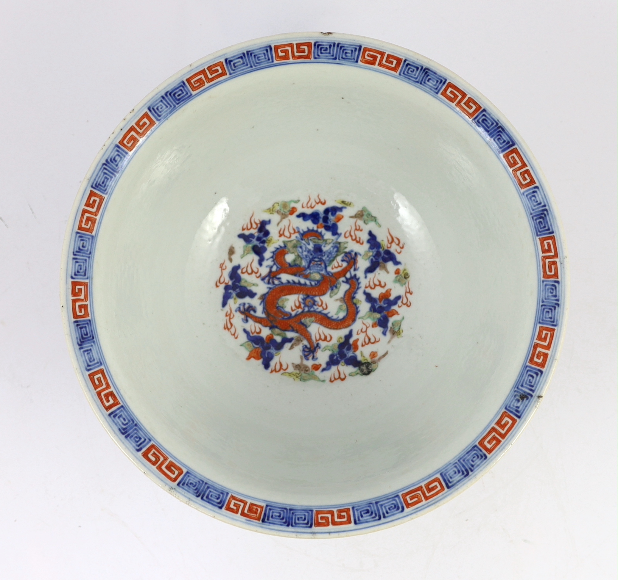 A Chinese doucai 'dragon' deep bowl, 19th century, small chip and glaze losses to rim